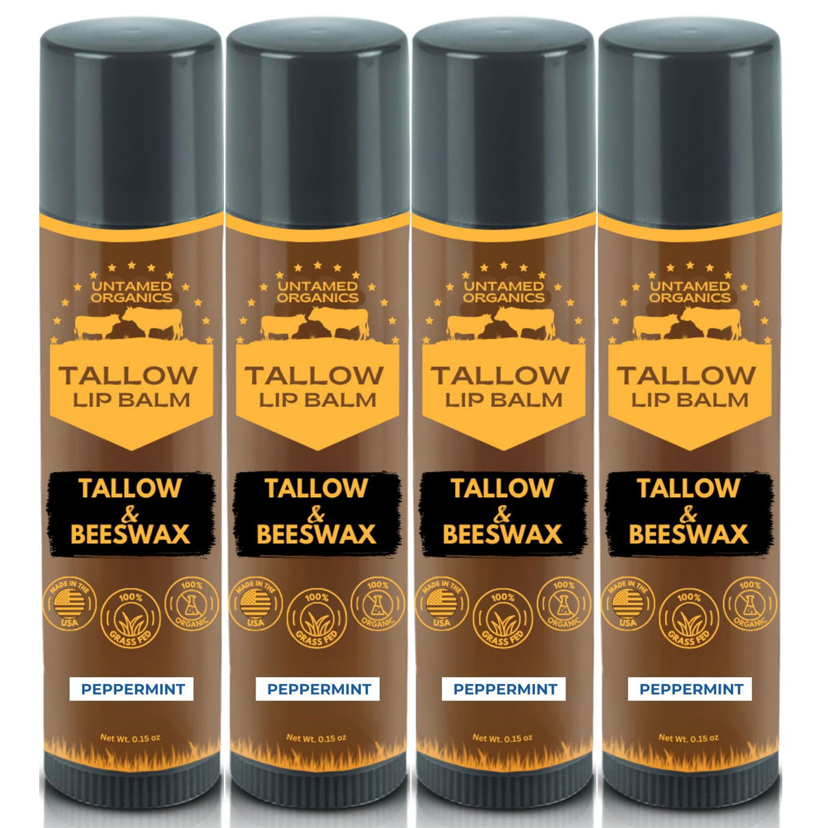 Untamed Organics Pure Tallow Lip Balm 4-Pack, Peppermint front view