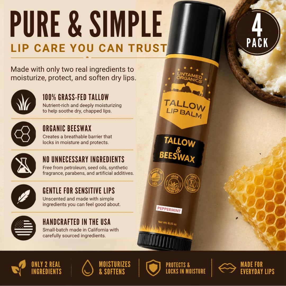 Untamed Organics Pure Tallow Lip Balm packaging with peppermint design