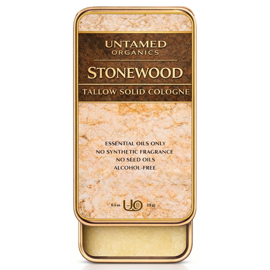 Untamed Organics Stonewood Tallow Solid Cologne front view in slide-top tin