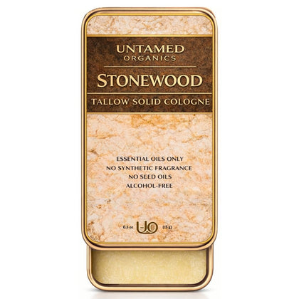 Untamed Organics Stonewood Tallow Solid Cologne front view in slide-top tin