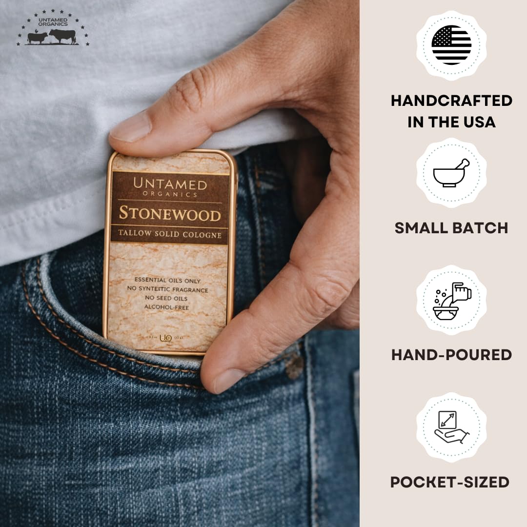 Untamed Organics Stonewood Tallow Solid Cologne in a travel bag