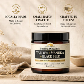 Untamed Organics Tallow Balm on wooden surface