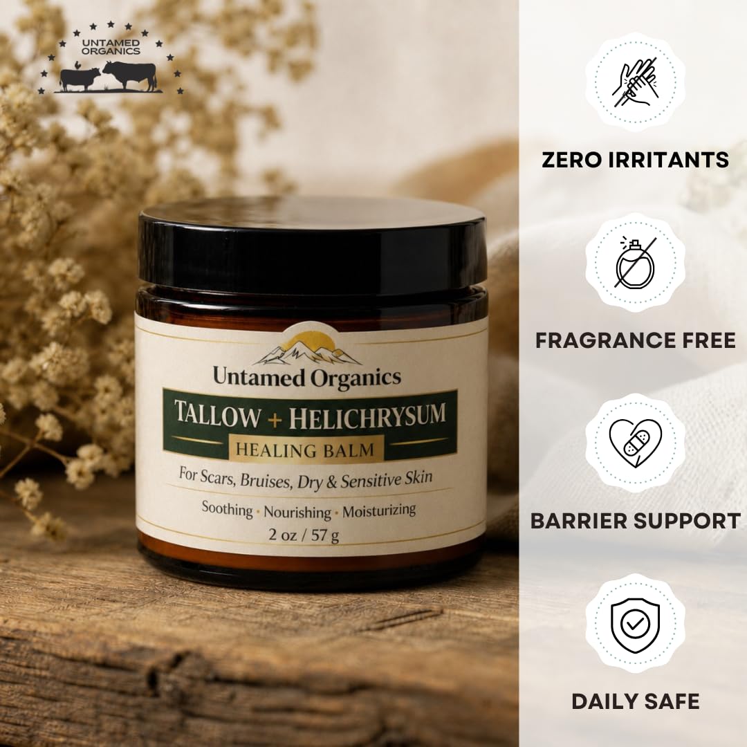 Untamed Organics Tallow + Helichrysum Healing Balm with natural elements