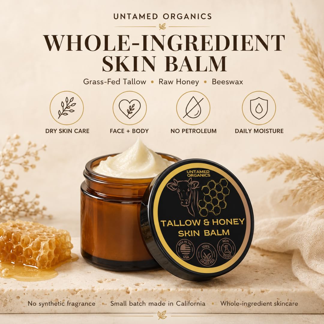 Untamed Organics Tallow & Honey Skin Balm on a wooden surface