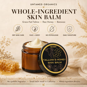 Untamed Organics Tallow & Honey Skin Balm on a wooden surface