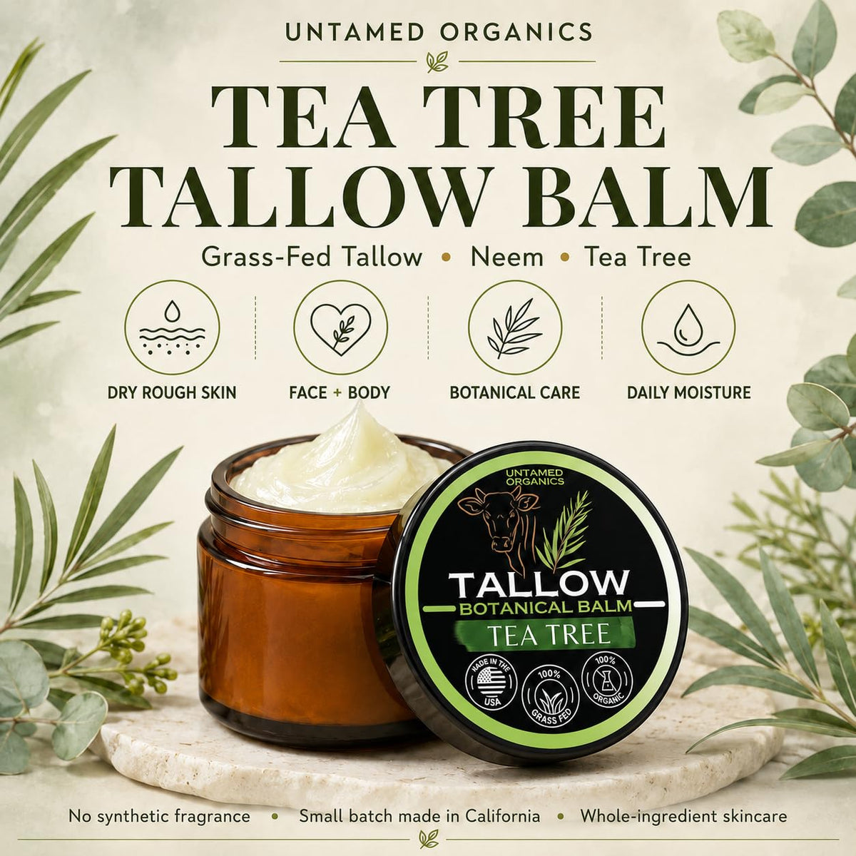 Untamed Organics Tea Tree Tallow Balm ingredients display
