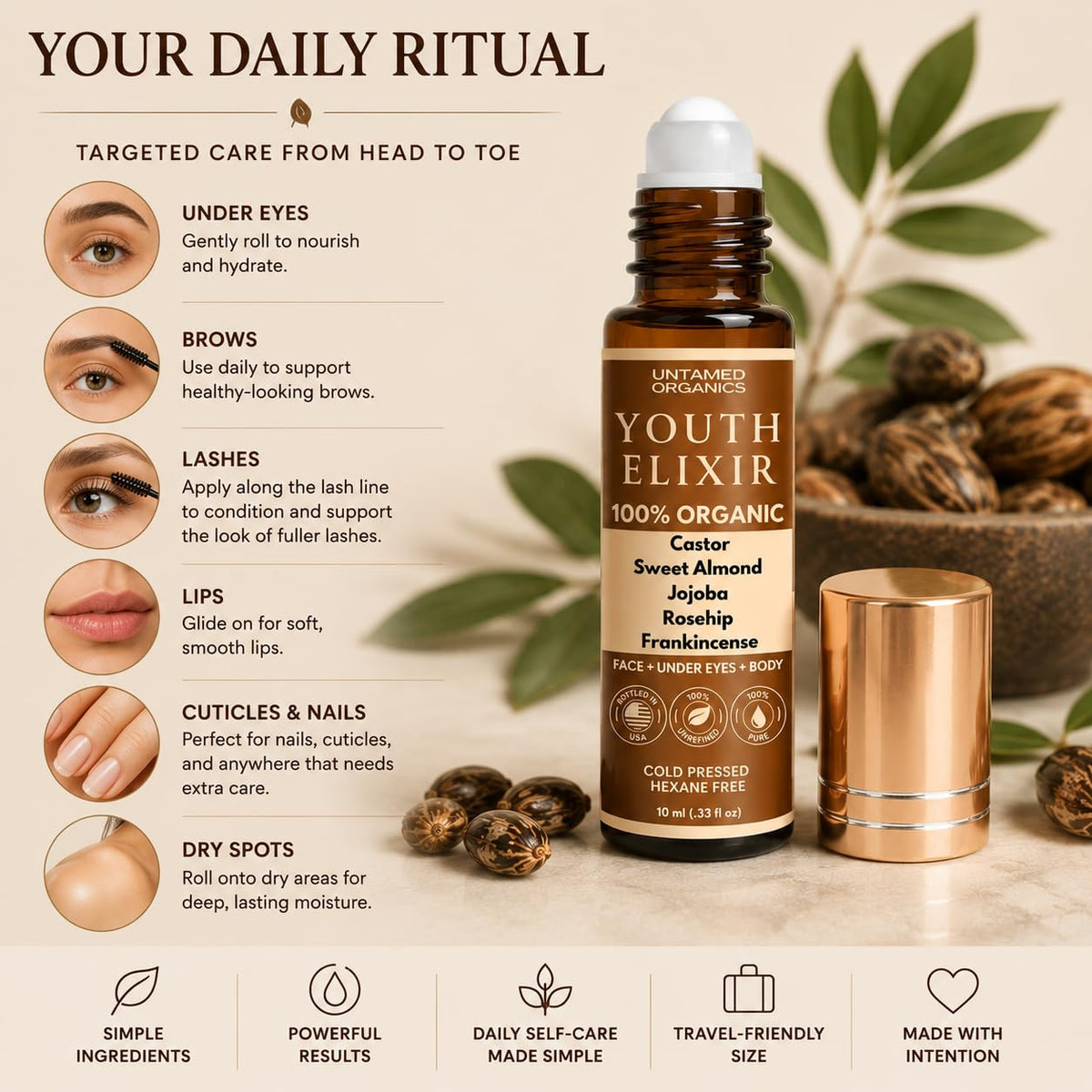 Untamed Organics Youth Elixir in a travel kit alongside other skincare products