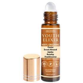 Untamed Organics Youth Elixir roll-on facial serum front view in amber glass bottle