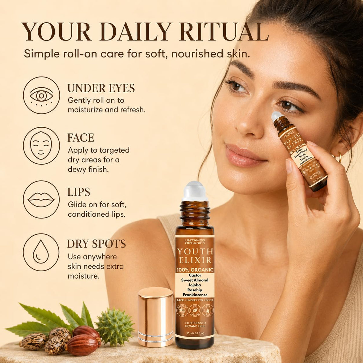Untamed Organics Youth Elixir roll-on serum on a wooden surface