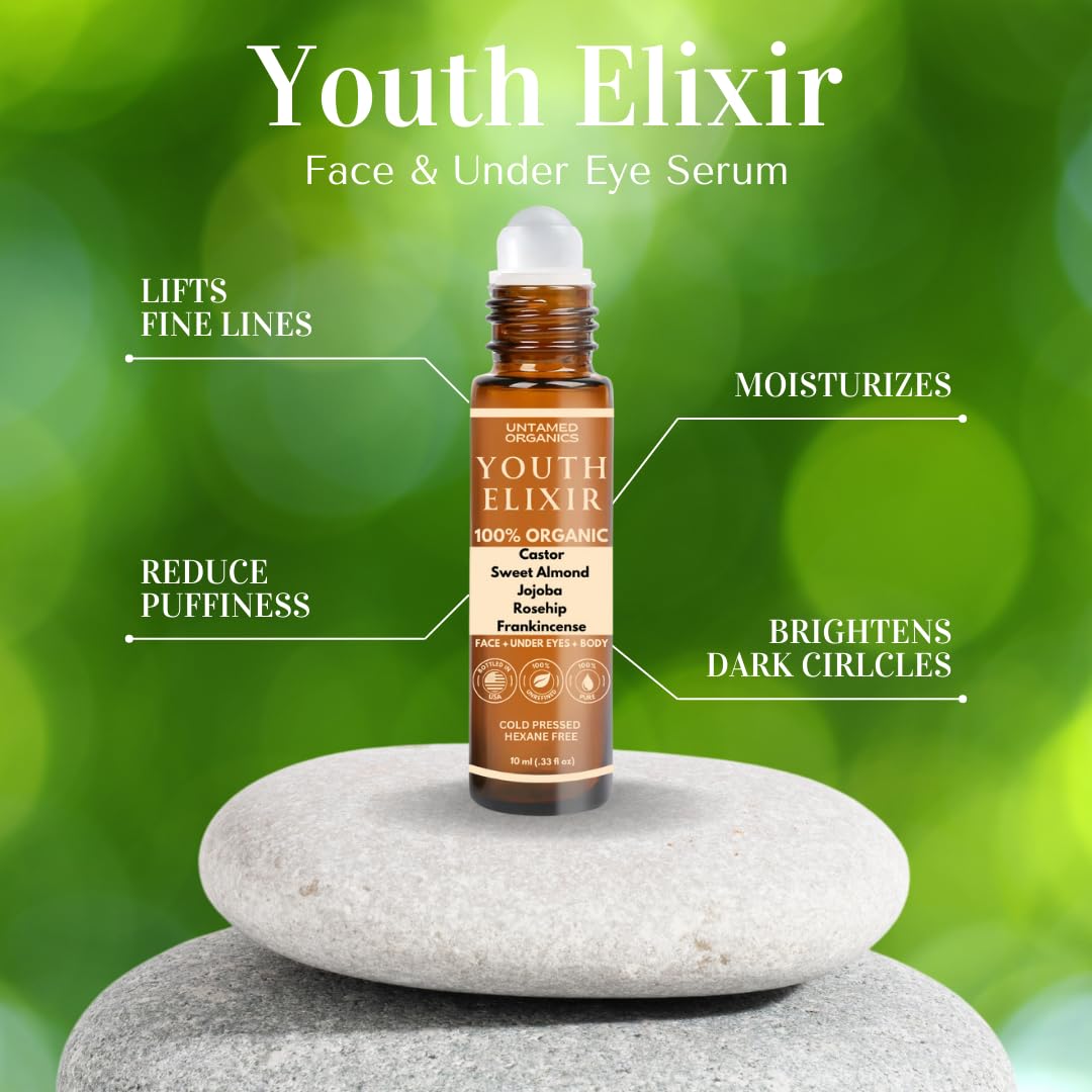 Untamed Organics Youth Elixir roll-on serum with a soft focus background