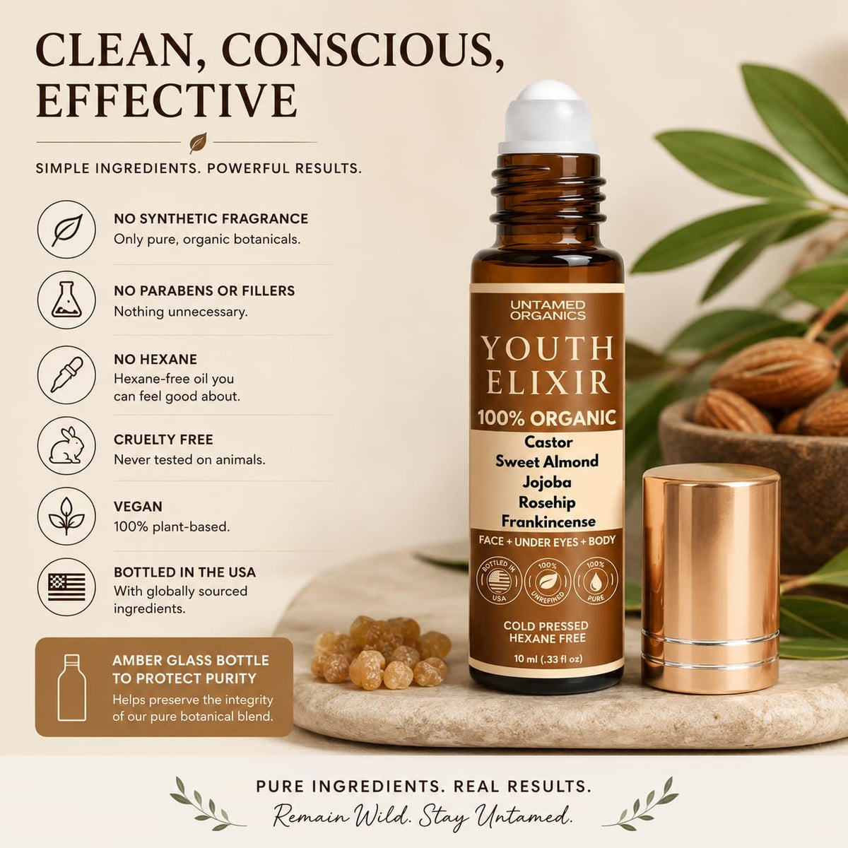 Untamed Organics Youth Elixir with organic oil ingredients displayed