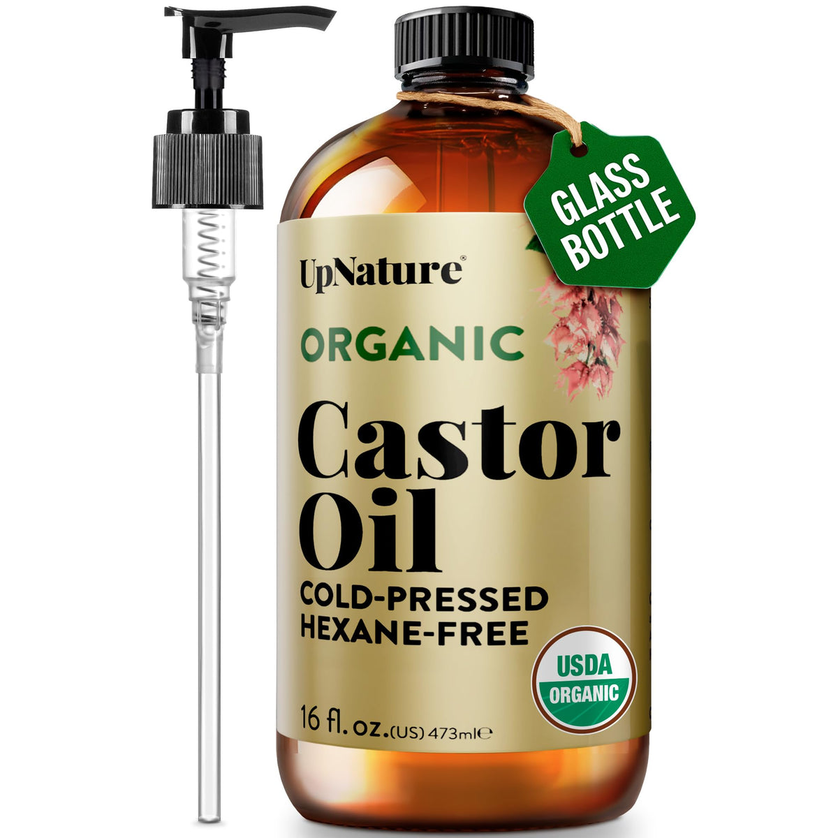 UpNature Organic Castor Oil 16oz glass bottle front view