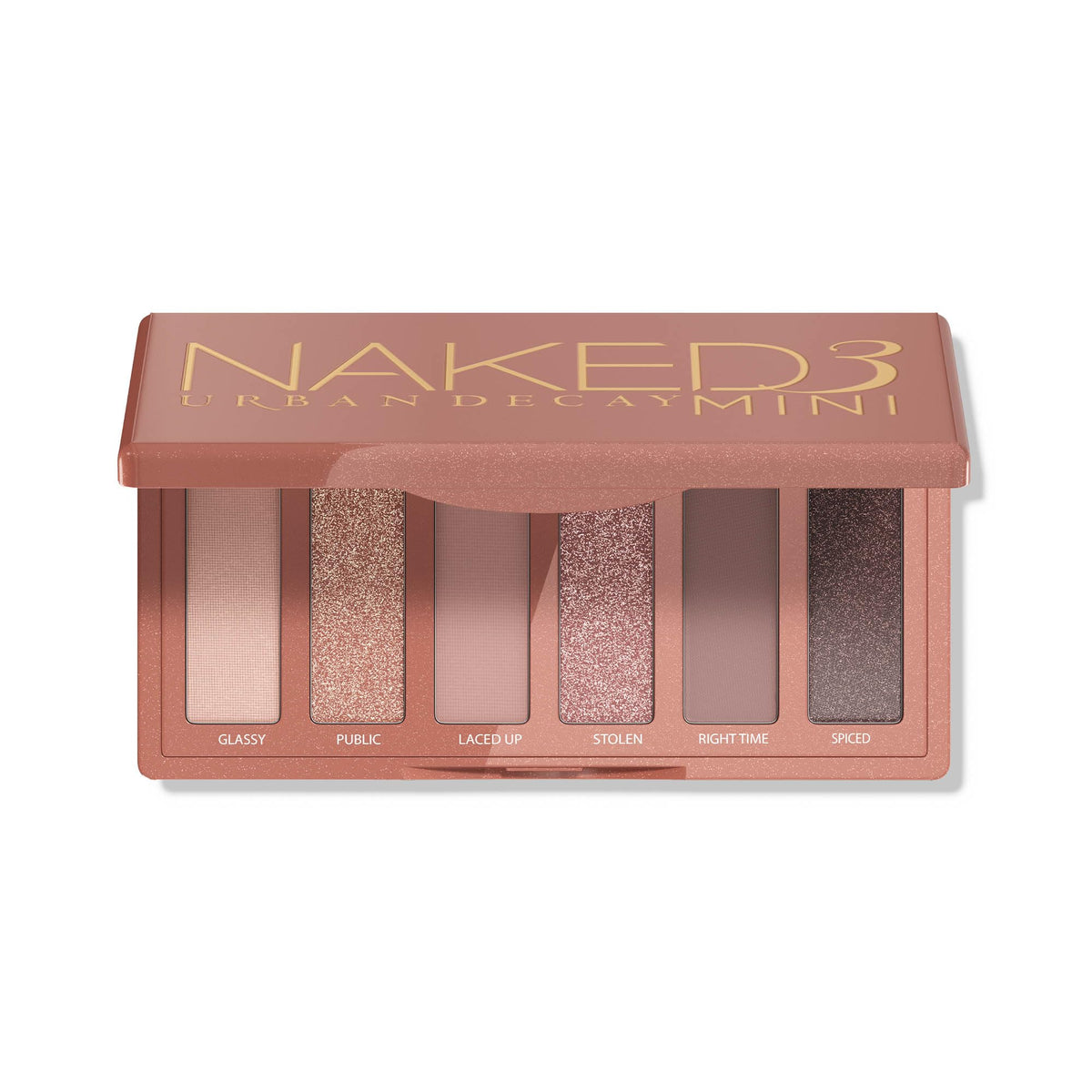 URBAN DECAY Naked3 Mini Eyeshadow Palette front view with 6 rosy shades