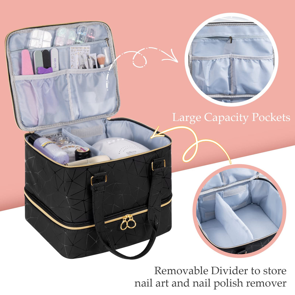 Uross Nail Polish Organizer Bag open showing storage compartments