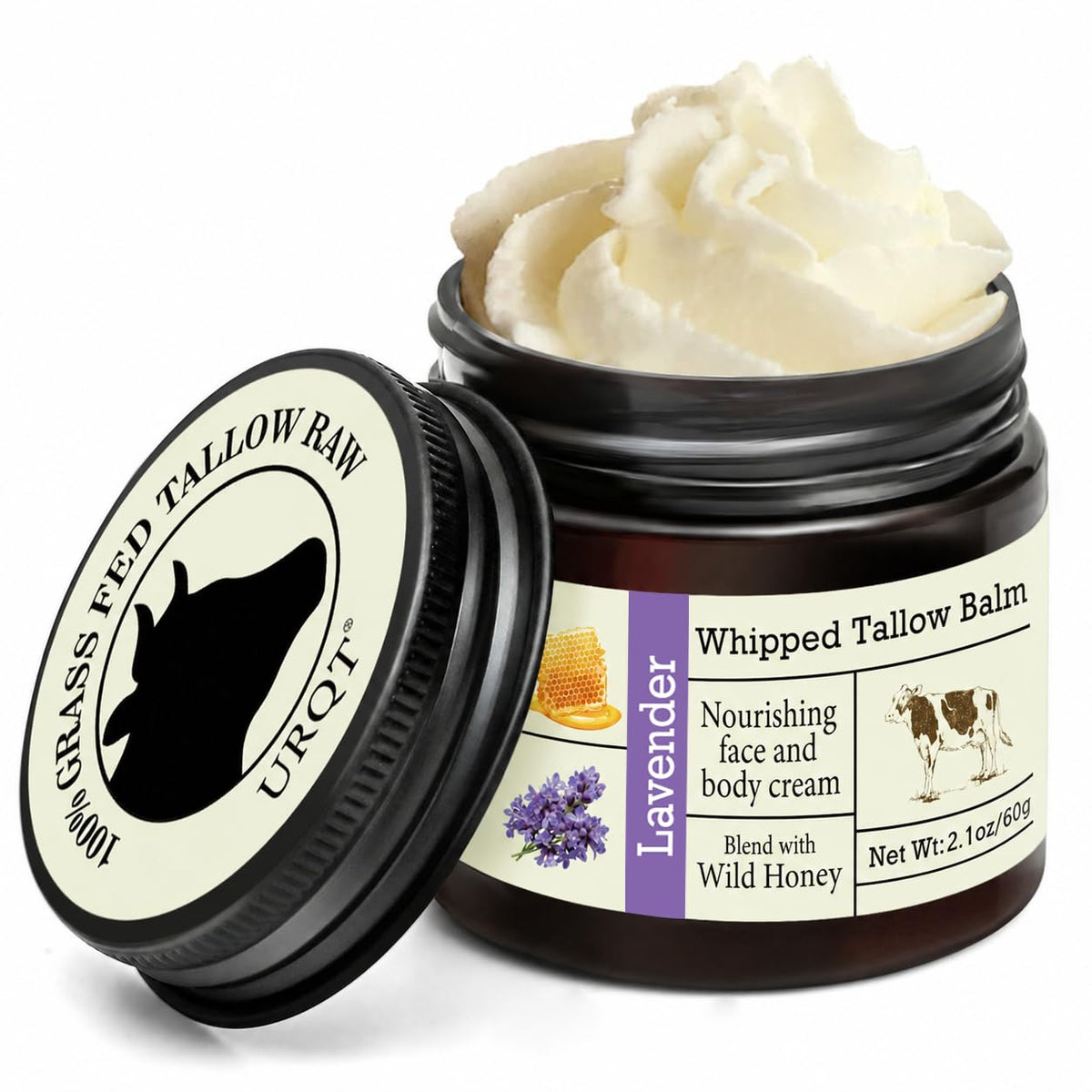 URQT Whipped Tallow Balm front view with honey and lavender