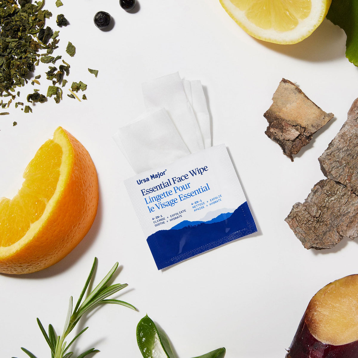 Ursa Major Essential Face Wipes on a bathroom counter