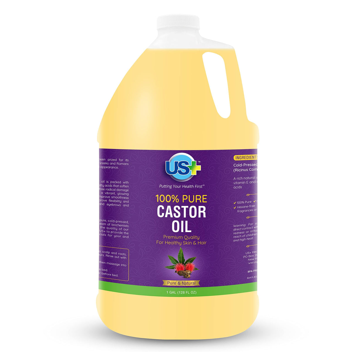 US+ Castor Oil Cold Pressed 1 Gallon front view