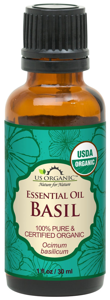 US Organic 100% Pure Basil Essential Oil 30ml bottle front view