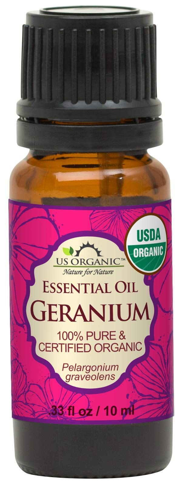 US Organic 100% Pure Geranium Essential Oil 10 ml bottle front view