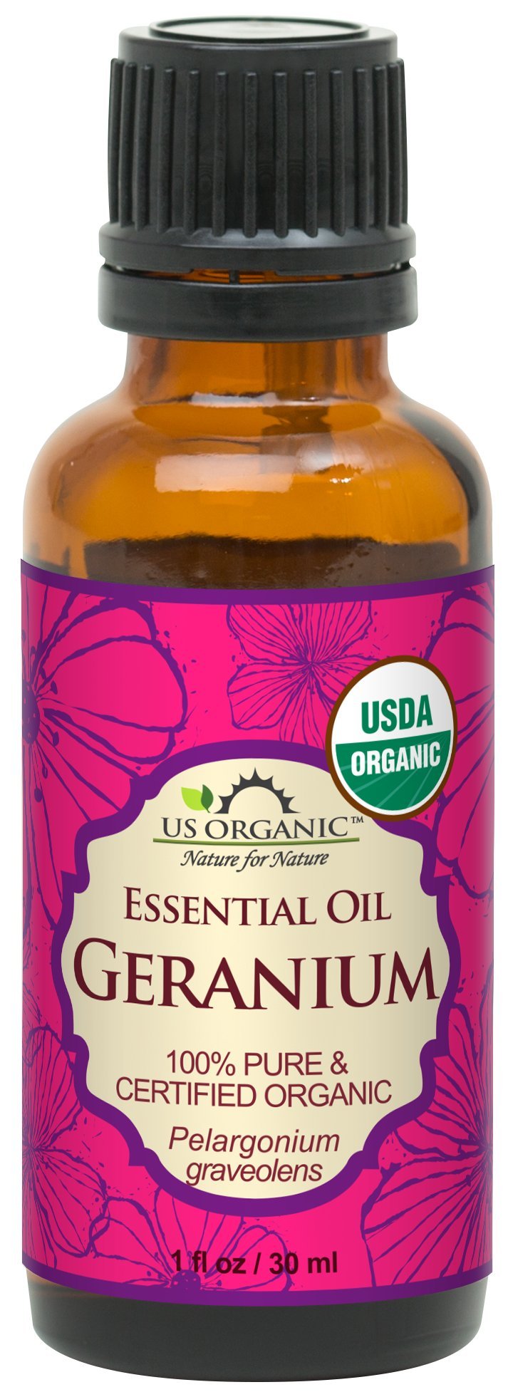 US Organic 100% Pure Geranium Essential Oil 30 ml bottle front view