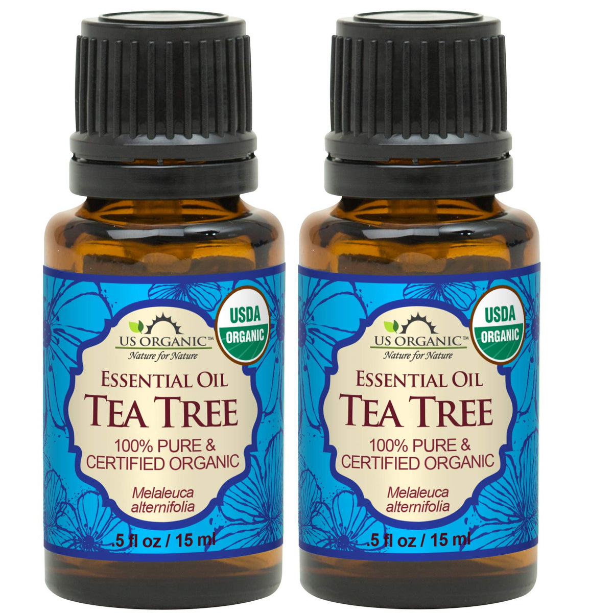 US Organic 100% Pure Tea Tree Essential Oil front view, 15 ml bottle