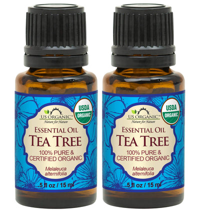 US Organic 100% Pure Tea Tree Essential Oil front view, 15 ml bottle