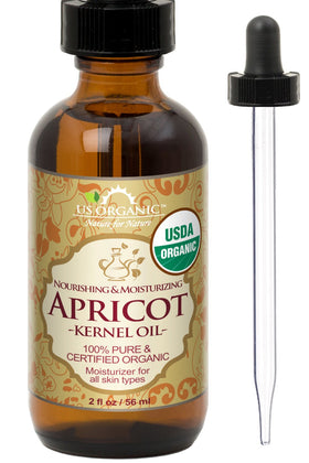 US Organic Apricot Kernel Oil 2 oz amber glass bottle front view