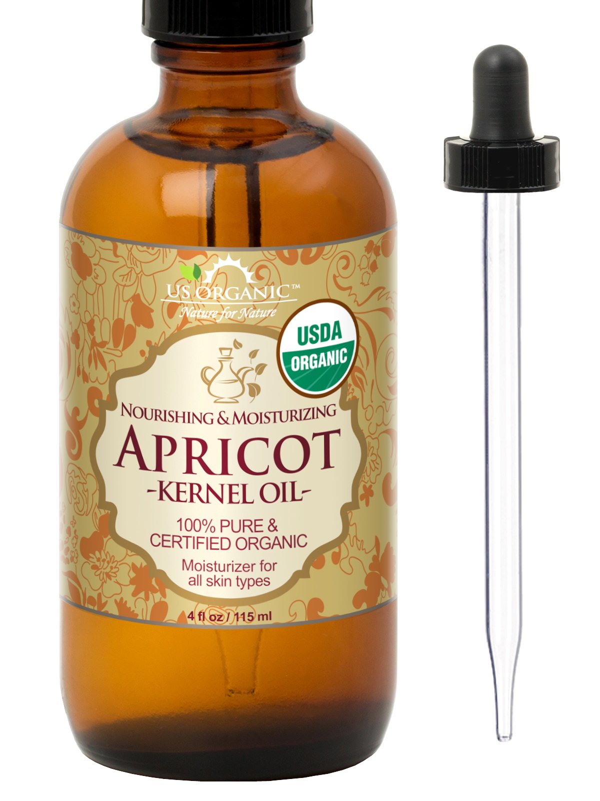 US Organic Apricot Kernel Oil 4 oz amber glass bottle front view
