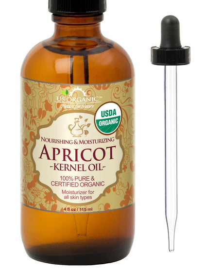 US Organic Apricot Kernel Oil 4 oz amber glass bottle front view