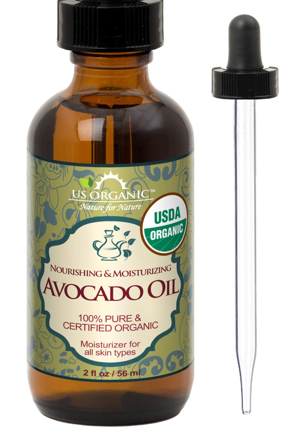 US Organic Avocado Oil 2 oz amber glass bottle front view