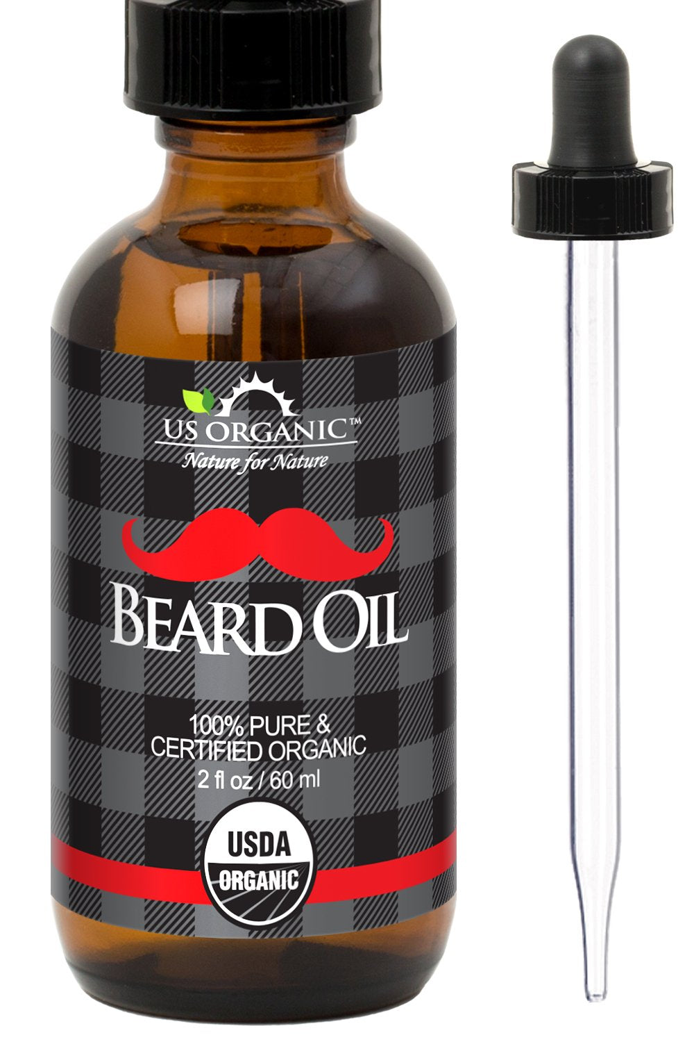 US Organic Beard Oil 2 oz amber glass bottle front view