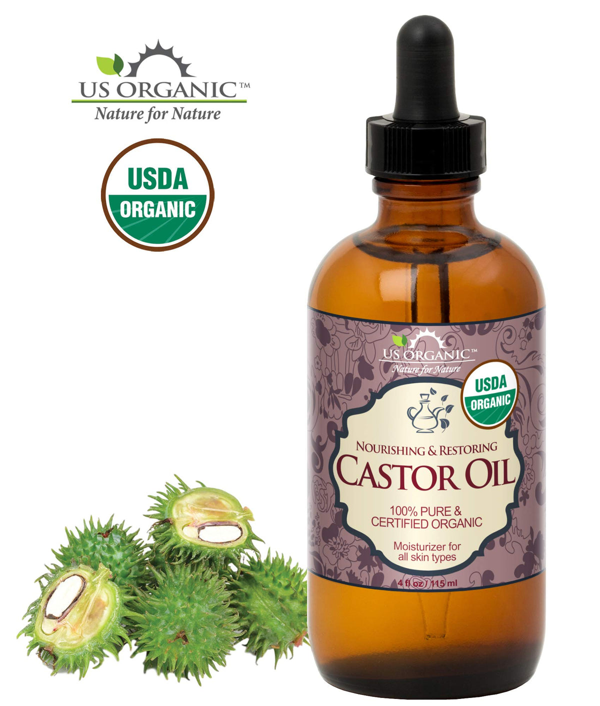 US Organic Castor Oil 4 oz bottle back view