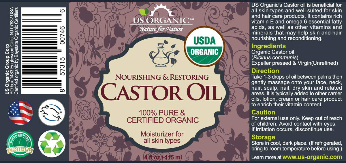 US Organic Castor Oil 4 oz bottle side view