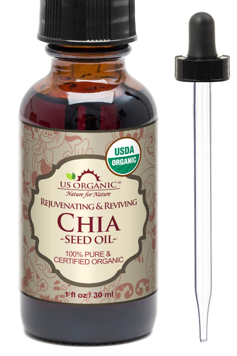US Organic Chia Seed Oil 30ml amber glass bottle with eyedropper