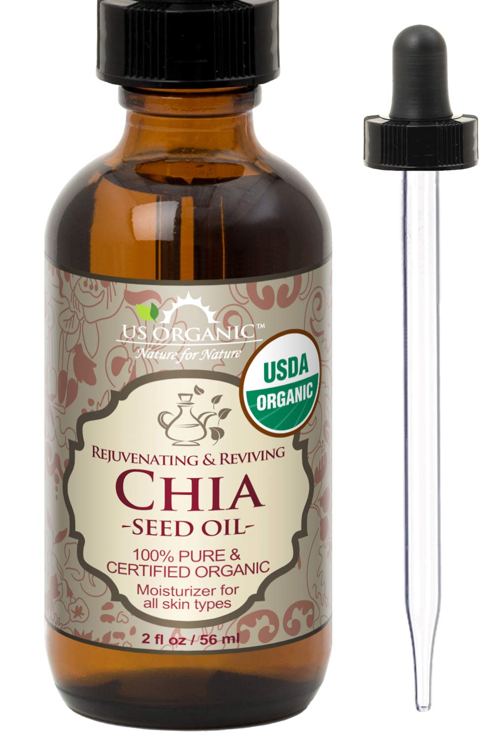 US Organic Chia Seed Oil amber glass bottle with eyedropper