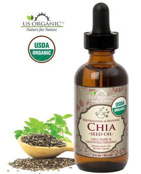 US Organic Chia Seed Oil on a wooden surface