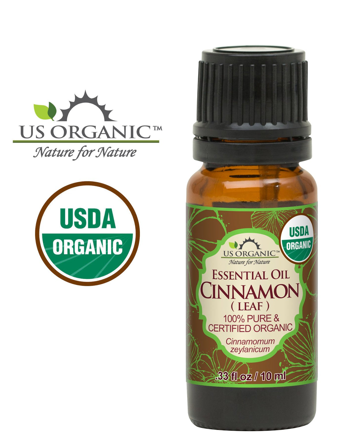 US Organic Cinnamon Leaf Essential Oil bottle side view