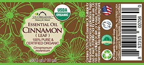 US Organic Cinnamon Leaf Essential Oil packaging with dropper