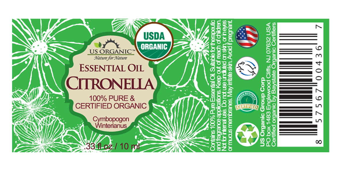 US Organic Citronella Essential Oil back view with ingredient details