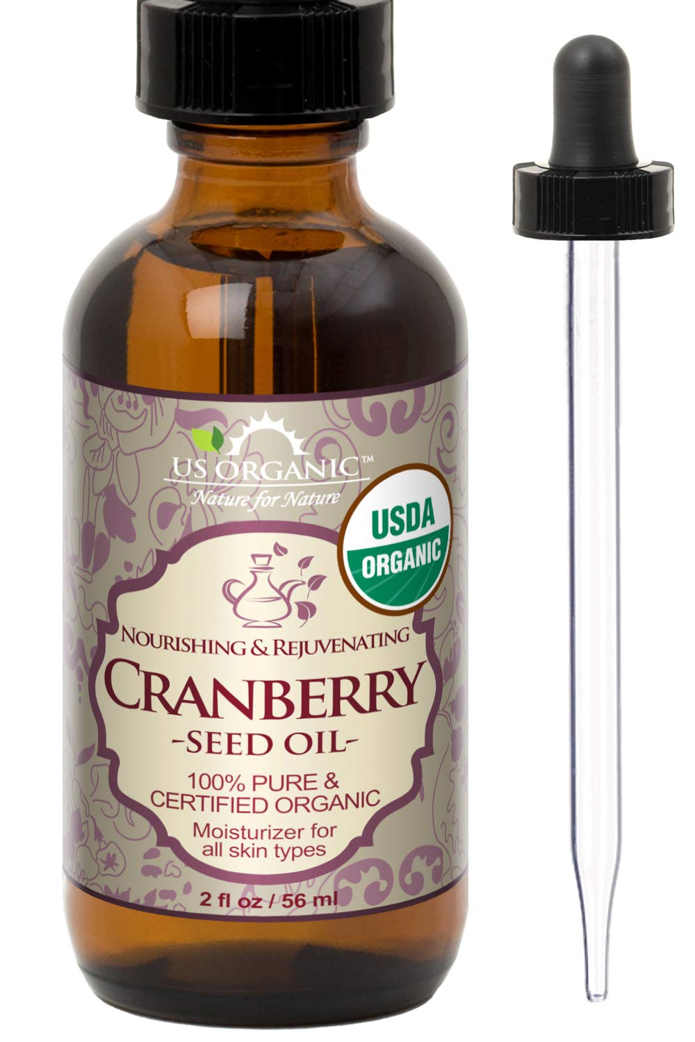 US Organic Cranberry Seed Oil 2 oz amber glass bottle front view