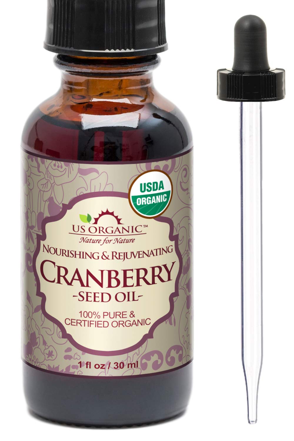US Organic Cranberry Seed Oil 30ml amber glass bottle with eyedropper