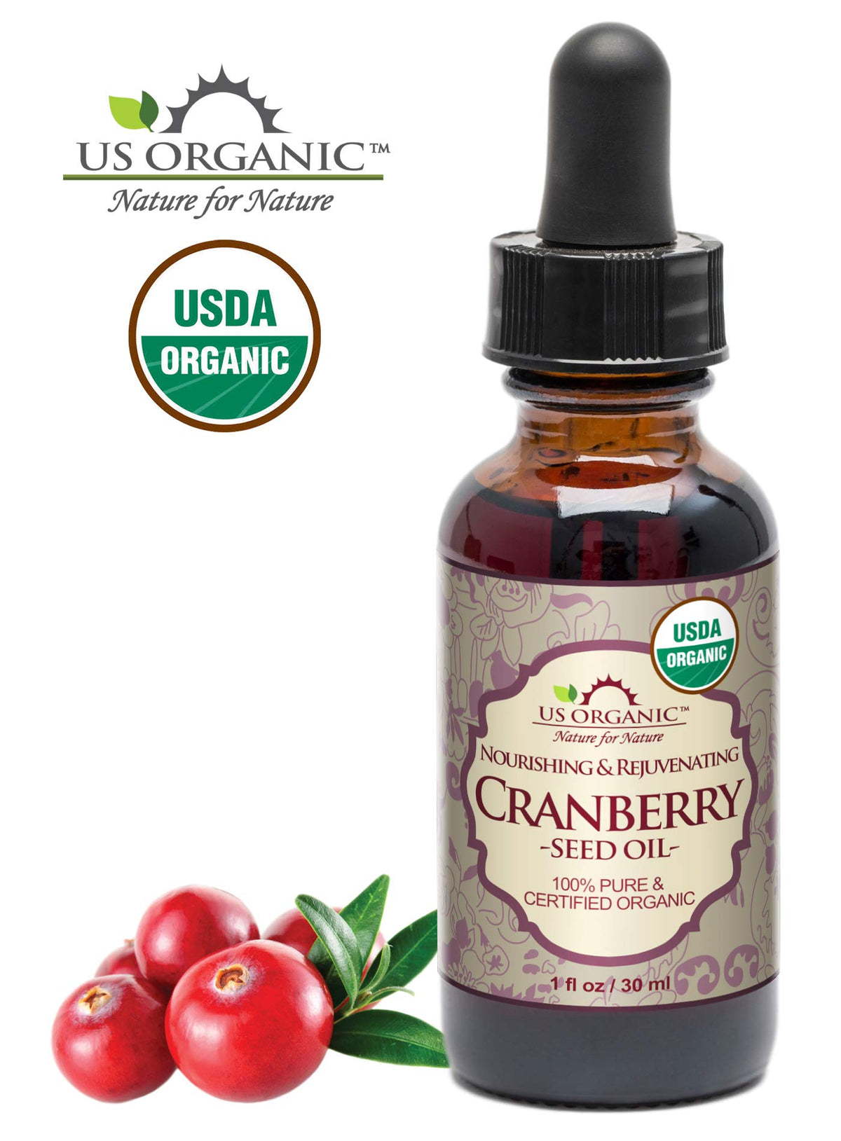 US Organic Cranberry Seed Oil on a wooden table