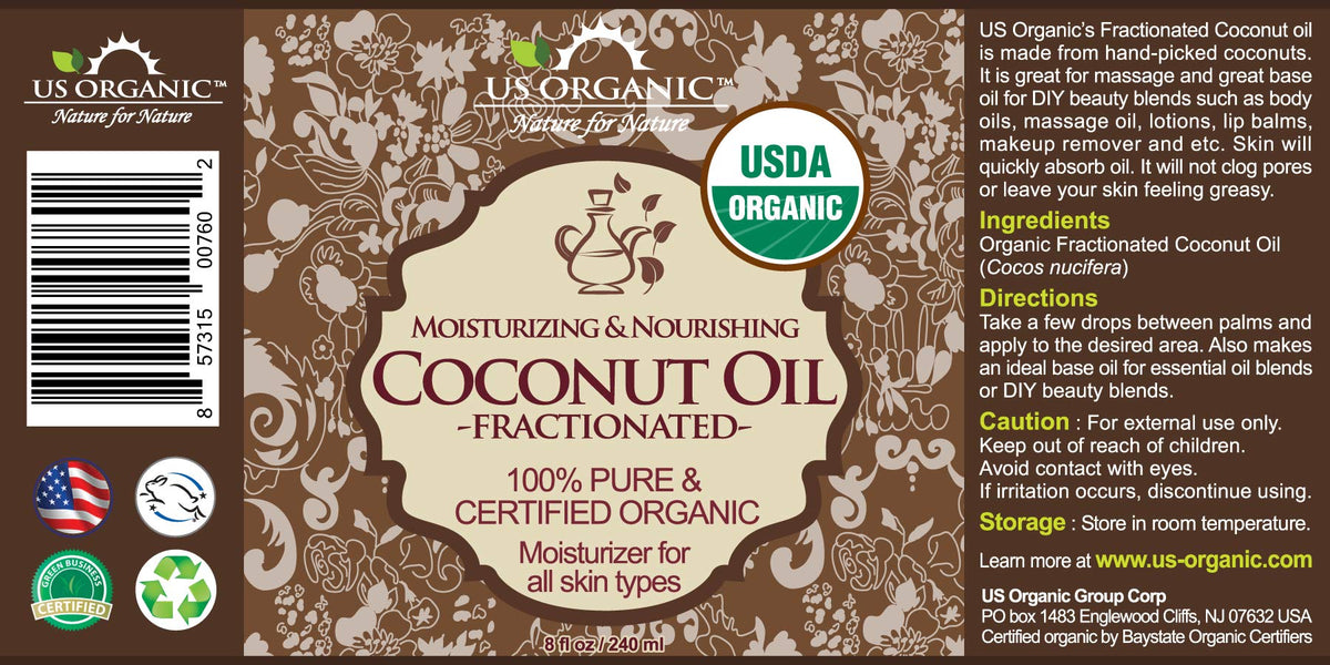 US Organic Fractionated Coconut MCT Oil 8 oz bottle side view