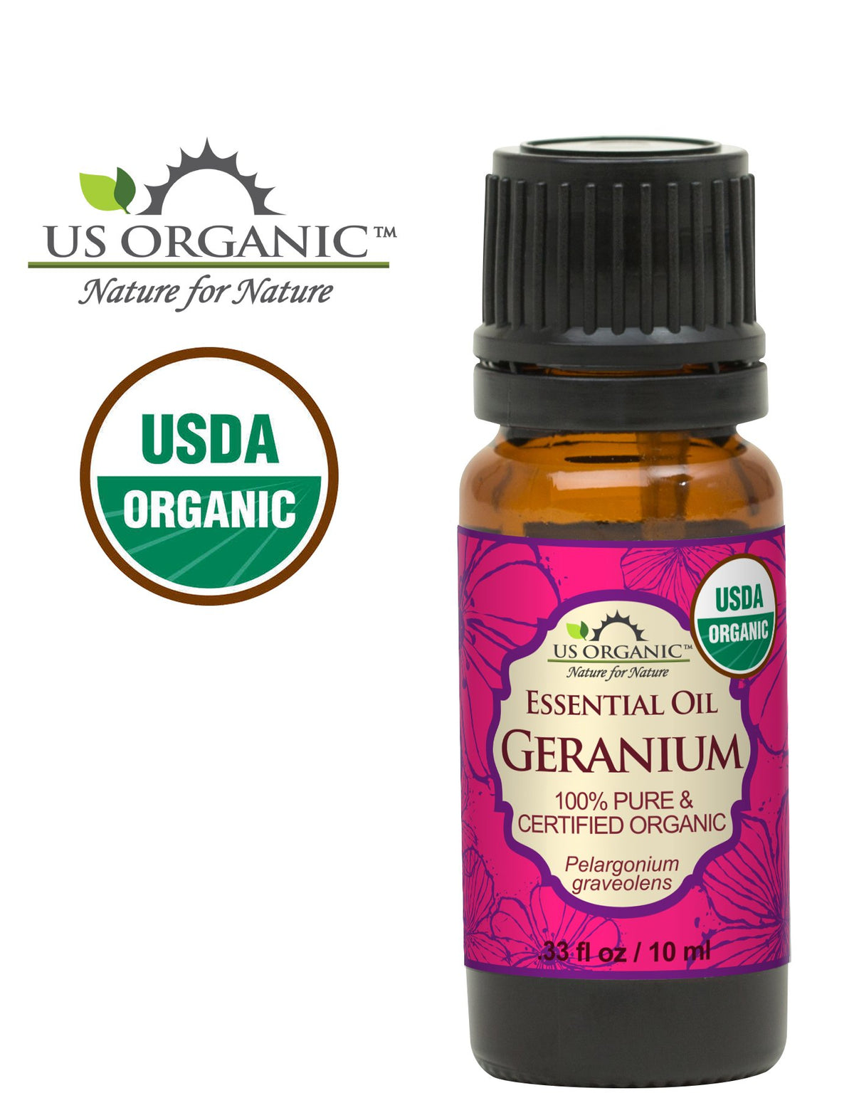 US Organic Geranium Essential Oil dropper with label