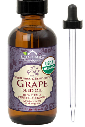 US Organic Grape Seed Oil 2 oz amber glass bottle front view