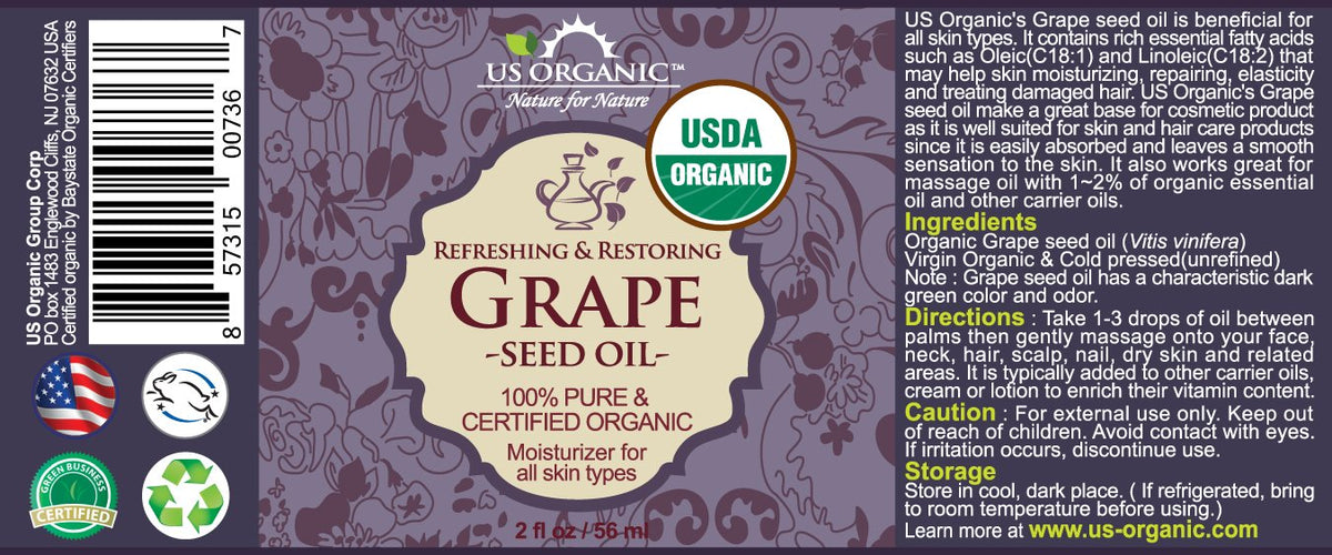 US Organic Grape Seed Oil 2 oz bottle side view