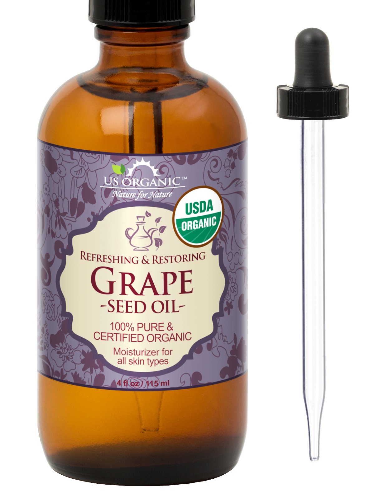 US Organic Grape Seed Oil 4 oz amber glass bottle front view