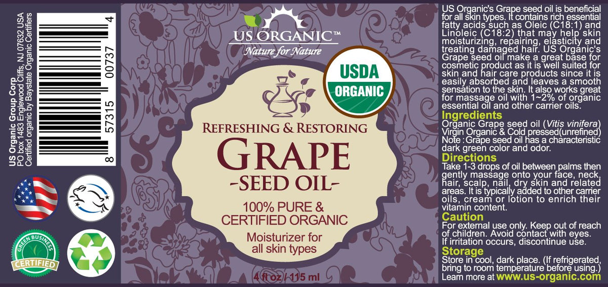 US Organic Grape Seed Oil 4 oz bottle side view