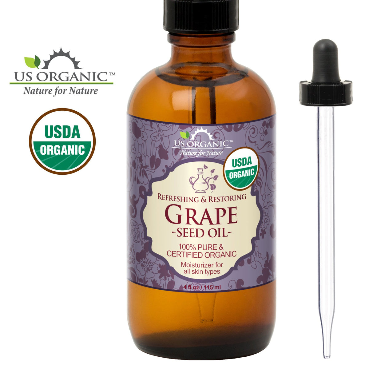 US Organic Grape Seed Oil glass dropper close-up