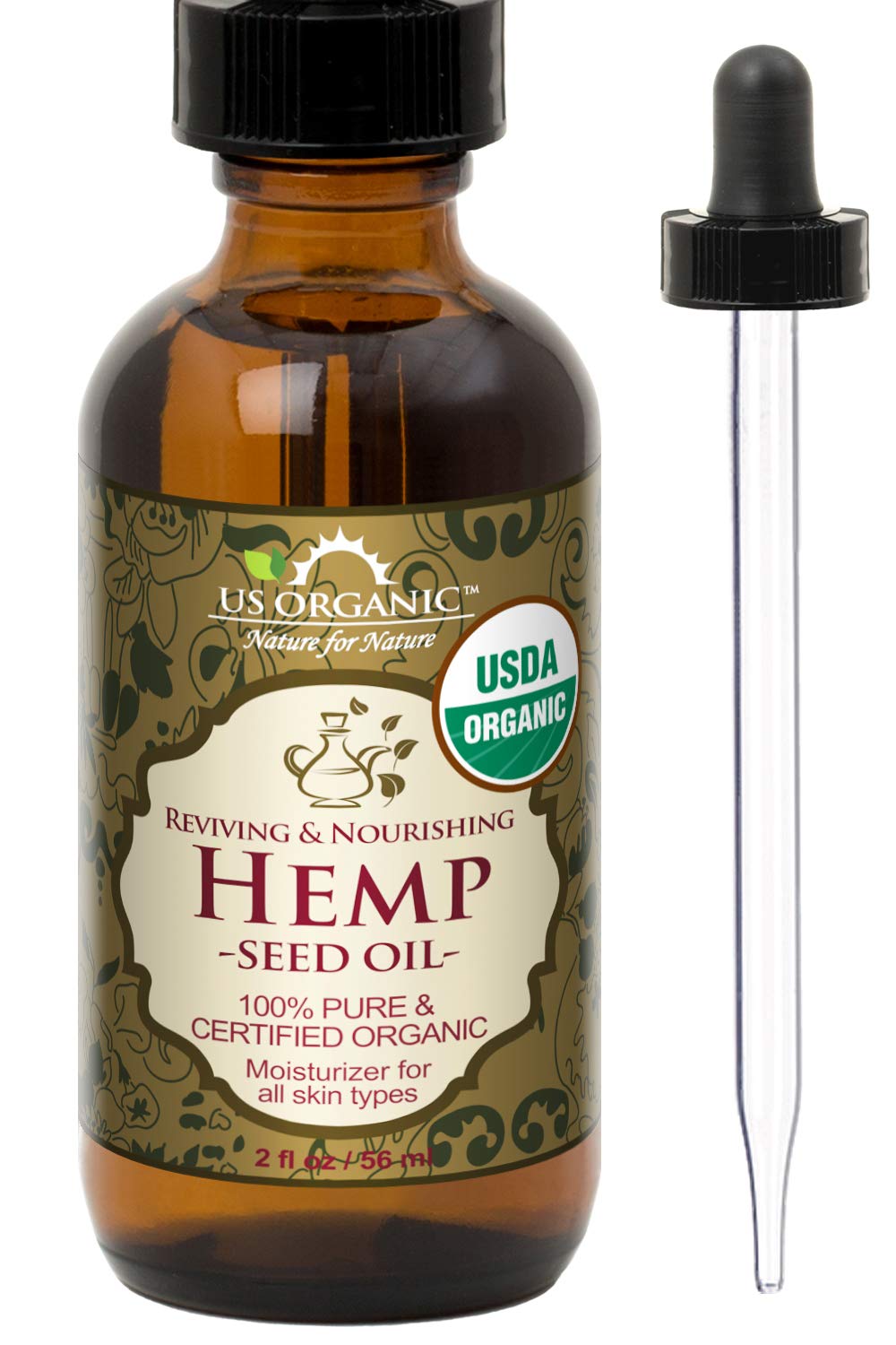 US Organic Hemp Seed Oil 2 oz amber glass bottle with dropper